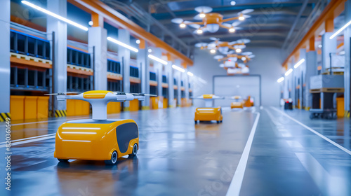 Futuristic Automated Warehouse with Autonomous Delivery Robots and Advanced Drone Technology for Efficient Logistics Management