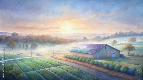 A serene scene of a smart farm at dawn, with fog rolling over the fields and solar panels glistening in the soft light