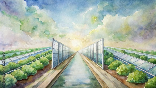 Rows of solar-powered vertical farms ascend towards the sky, maximizing land use while producing fresh, nutrient-rich produce