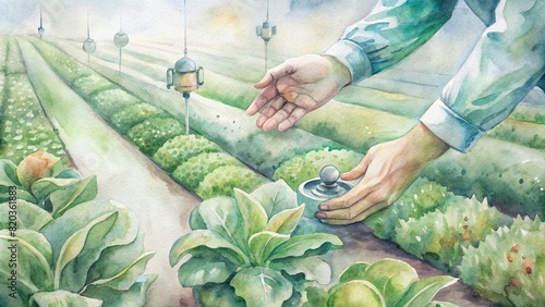 A close-up of hands tenderly caring for crops in a smart farm, utilizing advanced monitoring systems to ensure optimal growth conditions without harming the environment photo