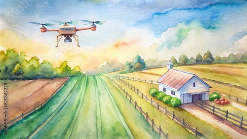 A drone capturing aerial footage of a smart farm, demonstrating the use of technology for monitoring and managing agricultural operations