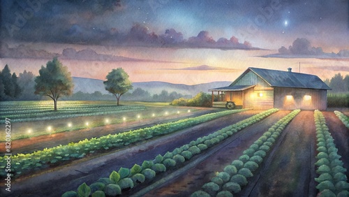 A tranquil scene of a smart farm at dusk, where LED grow lights illuminate fields of thriving crops, symbolizing sustainable agriculture