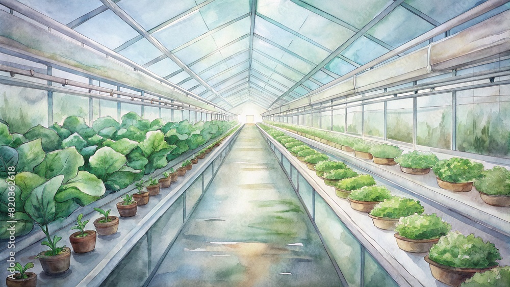 Rows of organic vegetables growing in a high-tech greenhouse, utilizing natural light and smart climate control systems