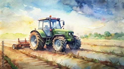 A modern tractor equipped with GPS navigation, autonomously plowing a field