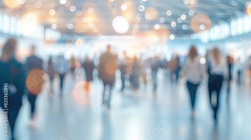 Blurred background of business people walking at a trade fair, exhibition, or conference with bokeh lights and copy space for text in a modern hall photo