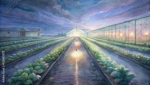 A serene view of a smart farm at dusk, with LED grow lights illuminating rows of plants in a greenhouse, symbolizing the fusion of technology and nature in agricultural production