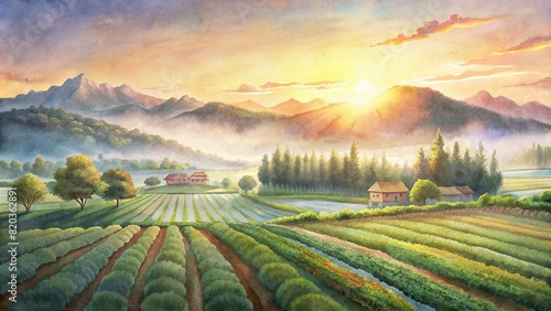 A serene sunrise over a smart agriculture landscape, where natural beauty harmonizes with advanced farming practices