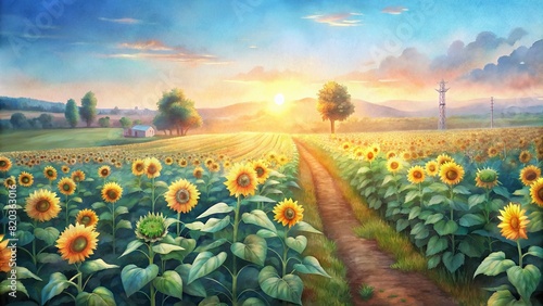 A field of sunflowers on a smart farm, bathed in sunlight and thriving thanks to precision farming techniques #820363016