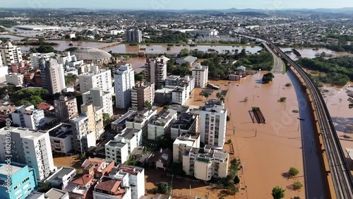 Parts of Port Alegre accessible by small boat, flood invasion, aerial