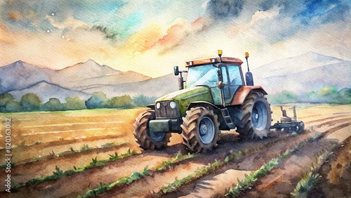 A modern tractor plowing a field on a smart farm, equipped with GPS and automated systems for precise and efficient farming photo