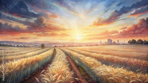 A sunset over fields of wheat on a smart farm, symbolizing the marriage of traditional farming wisdom with modern technology photo