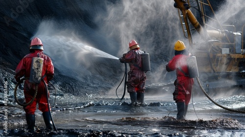 Workers in protective gear use highpressure water jets to separate oil from sand particles.