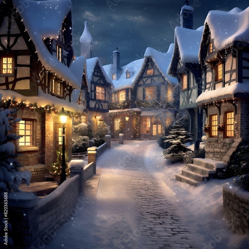 Digital painting of a winter night in a small village with christmas decorations