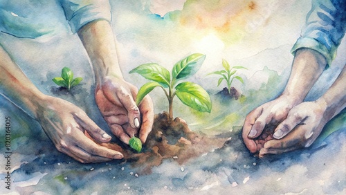 A close-up shot of hands planting seedlings in enriched soil, showcasing the hands-on aspect of smart farming while emphasizing sustainability photo