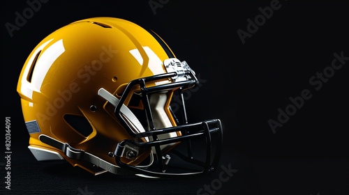 ðŸˆ The image is a photograph of a yellow football helmet with a black facemask. The helmet is sitting on a black surface with a black background. photo