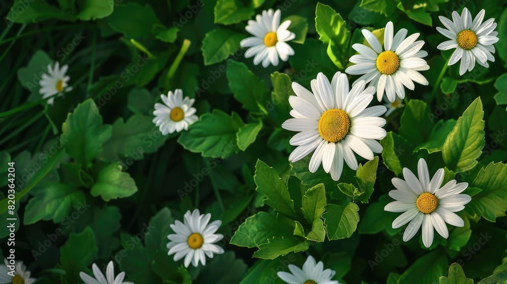 White daisies with yellow centers in lush green foliage White daisies with yellow centers in lush green foliage
