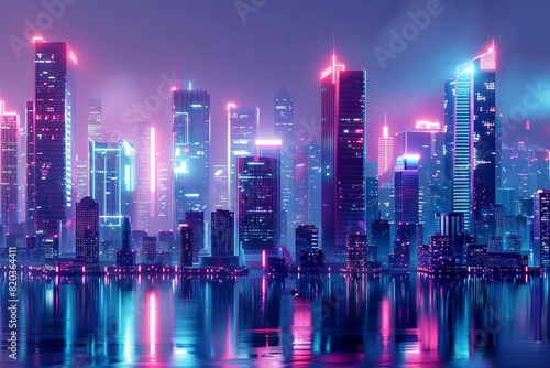 futuristic neonlit skyscraper cityscape at night cyberpunk inspired 3d rendered illustration