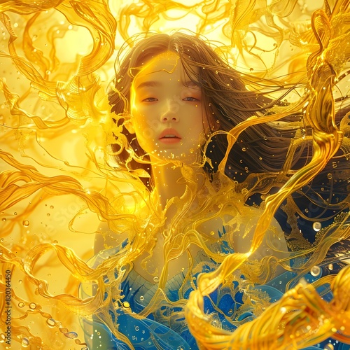 Ethereal Fractal Fashion A Chinese Woman Adorned in Intricate Body Art of Swirling Yellow Fractals and Golden Composition photo