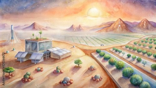 A futuristic depiction of a smart farm in a desert environment, utilizing advanced irrigation systems and solar power to cultivate crops sustainably in harsh conditions photo