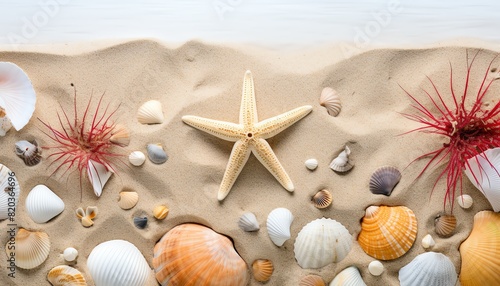 A beautiful collection of seashells and starfish spread out on sandy beach. Perfect for summer, vacation, and ocean themes.