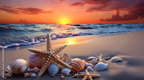 Beautiful sunset over a sandy beach with seashells and starfish  waves gently rolling in the background  creating a serene coastal scene.