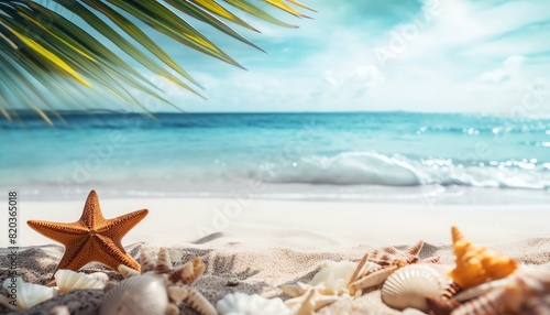 Scenic tropical beach with seashells  starfish  and palm leaves under a bright blue sky  perfect for a summer getaway.