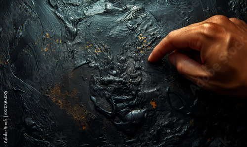 Persons Hand Touching Black Wall.