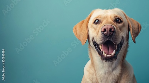 Happy Labrador Retriever dog smiling with a blue background. Bright and cheerful mood, showcasing the joy and friendliness of the pet.