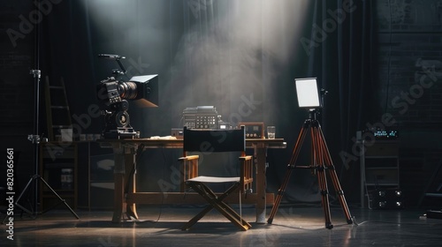 Black background, director's chair with film equipment and wooden table on dark floor. Film making concept. High quality. photo