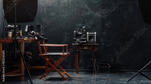 Black background, director's chair with film equipment and wooden table on dark floor. Film making concept. High quality.