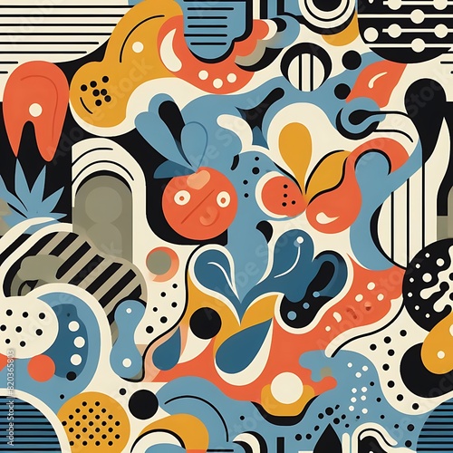 colorful abstract organic shape print seamless pattern illustration in retro style.