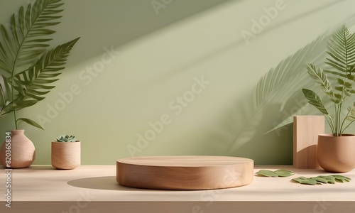 Polished Wooden Podium with Botanical Art and Soft Sunlight