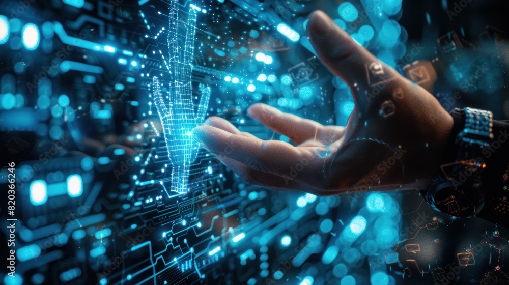 AI Male hand reaching for graphics Developing AI Ethics, Compliance with Standards business policy AI Male hand reaching for graphics Developing AI Ethics, Compliance with Standards business policy