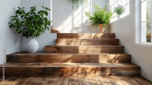 modern wooden staircase with indoor plants and natural sunlight.