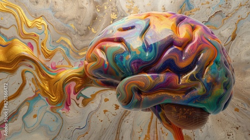 A vividly colored 3D brain model, resembling molten glass with a futuristic twist, featuring a complex and intricate neural network photo