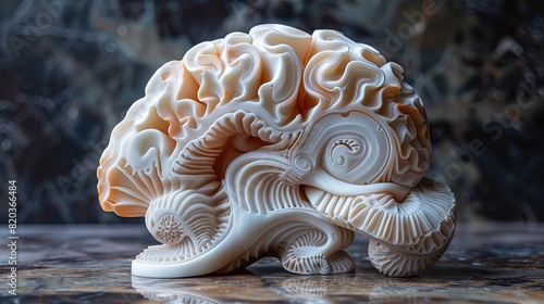 3D brain model made from pristine white clay, boasting vibrant colors and a futuristic design, with the neural network photo