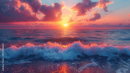 Stunning ocean sunset with waves crashing on the shore
