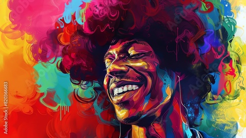 A close-up of a man's face. He has a big smile on his face. His hair is wild and colorful. The background is a bright, abstract mess of colors. © Galib