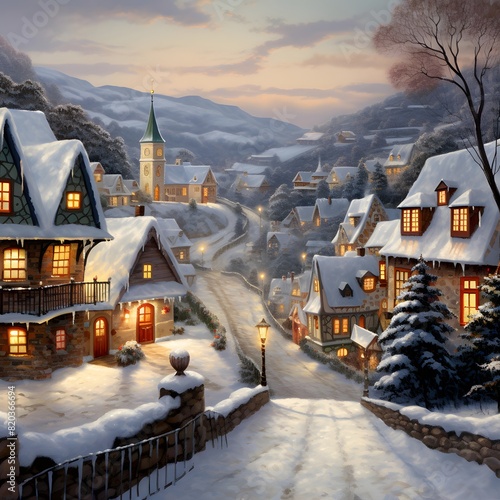 Winter village in the mountains. 3d rendering. Computer digital drawing.