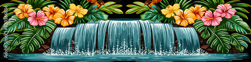 Horizontal tropical waterfall surrounded by bright flowers and dense greenery, creating a vibrant and exotic nature scene with cascading water