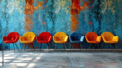 Colorful chairs against a vibrant blue wall in a modern waiting area.