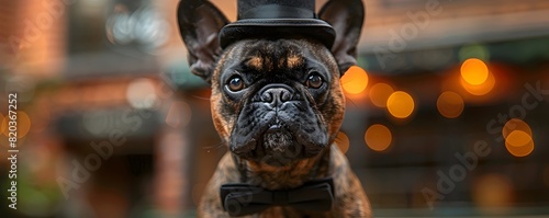 Elegant French Bulldog Donning a Bowtie and Top Hat in Cinematic Portrait photo