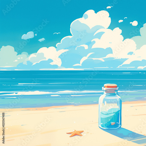 bottle of water on the beach, glass bottle on the beach photo