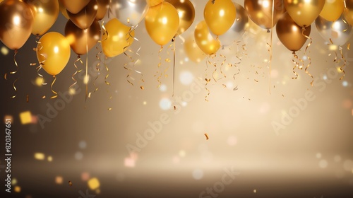 Gold and yellow balloons with falling confetti on a beige background.