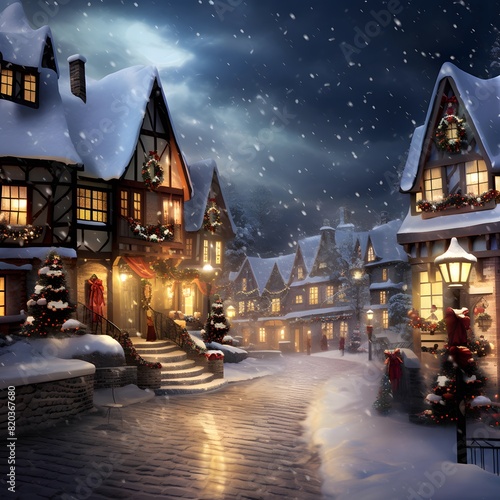 Digital painting of a winter night in a snowy town, with snowflakes