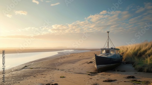 Boat rests on sandy beach at sunset with water and dunes under clear sky