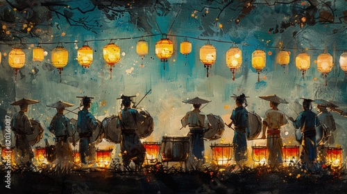 Classic Japanese View in Sumi Ink Painting. Lantern festival in sumi ink. photo