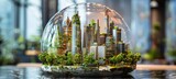 Blue glass globe in city, modern green city model view	