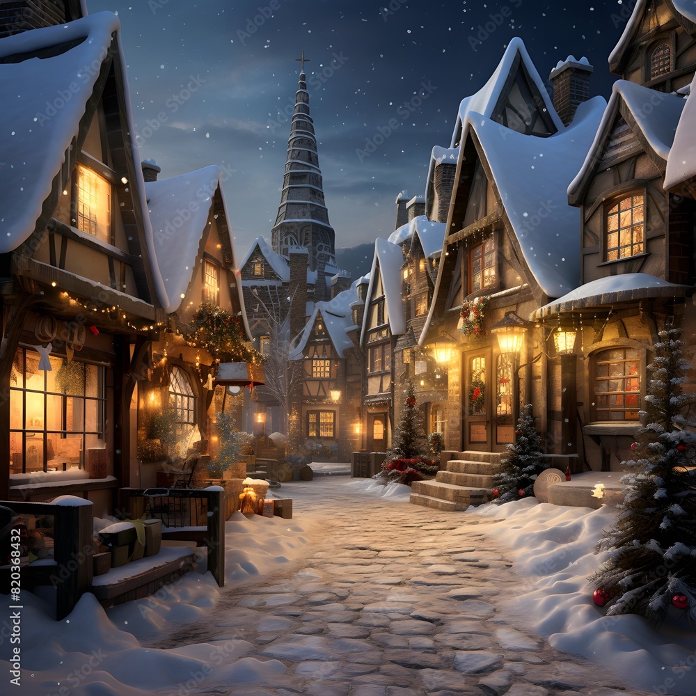 Beautiful winter night in the village. Christmas and New Year concept.