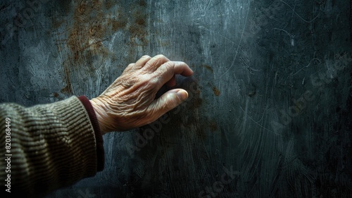 Elderly person's hand touching weathered surface, suggesting age, time, and memory © Artyom